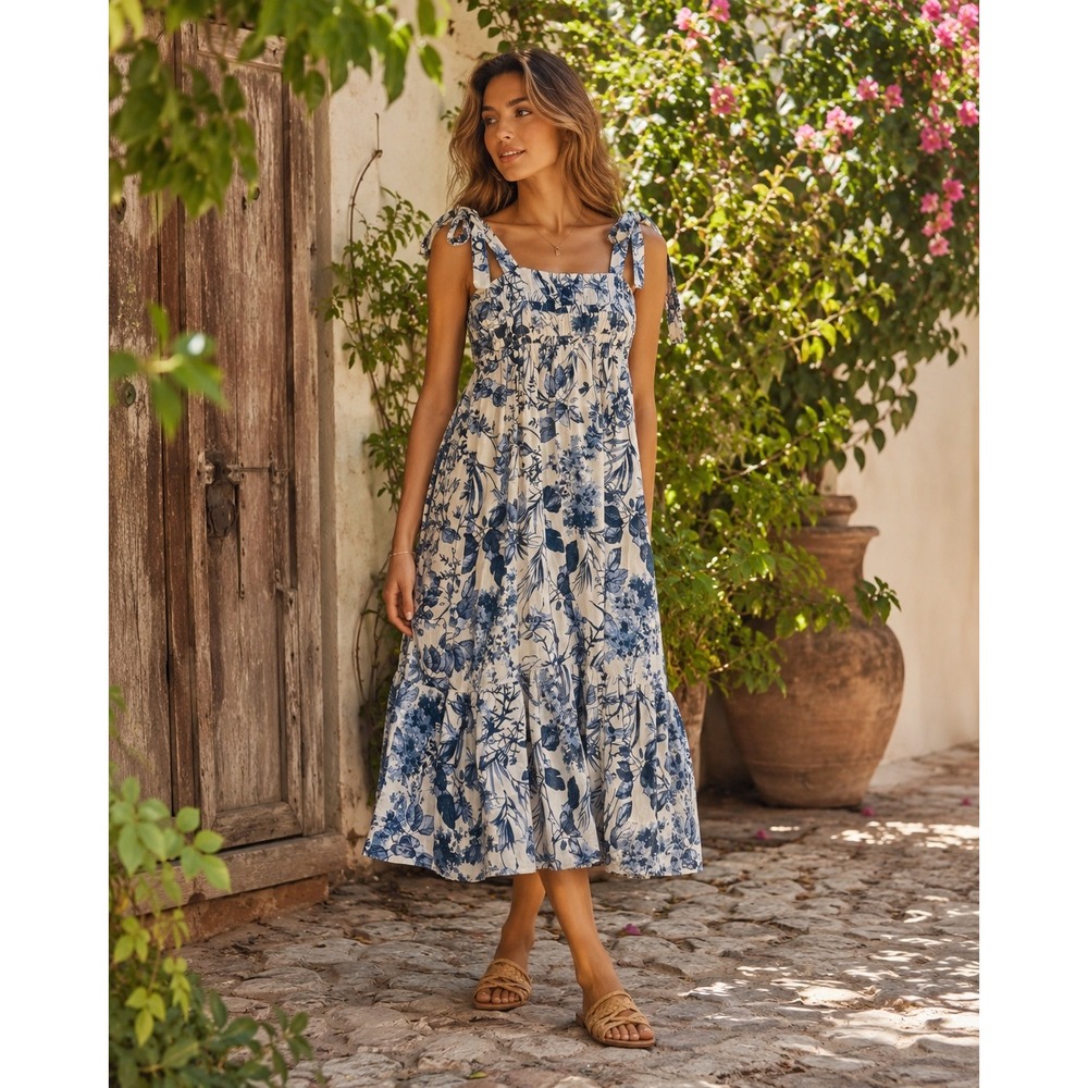 Dress Forum Midi Dress Womens L Blue White Floral Toile Tie Shoulder Smocked